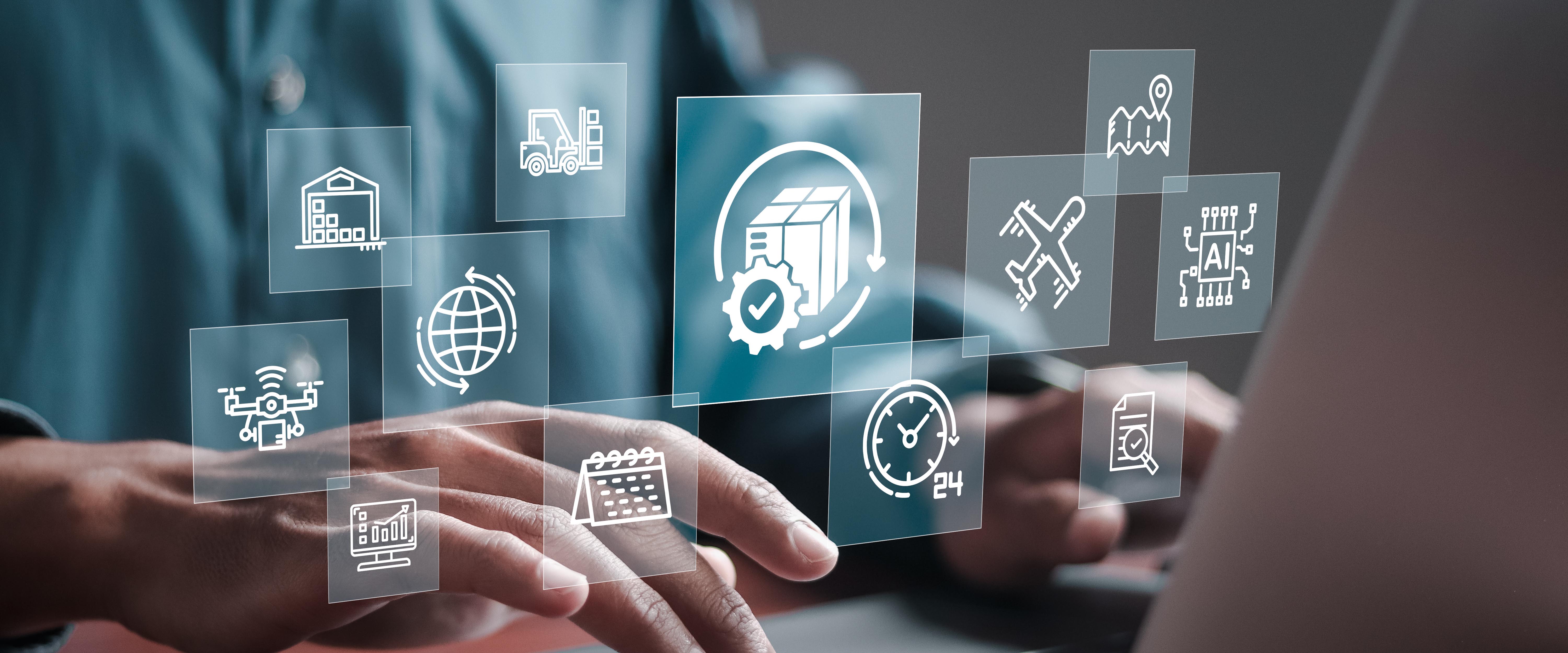 Person typing at a computer with floating icons depicting different logistics functions