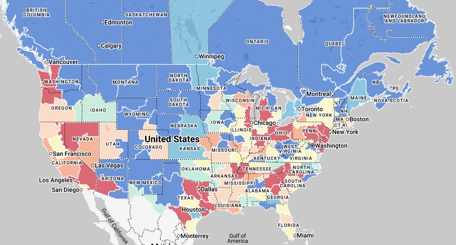 Dry Van Market Conditions map of USA